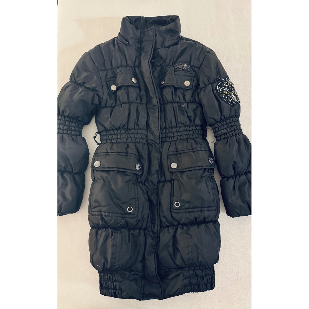 Apple Bottoms Girls Black Puffer‎ Coat Rhinestone Logo Snakeskin Lining Size 7/8